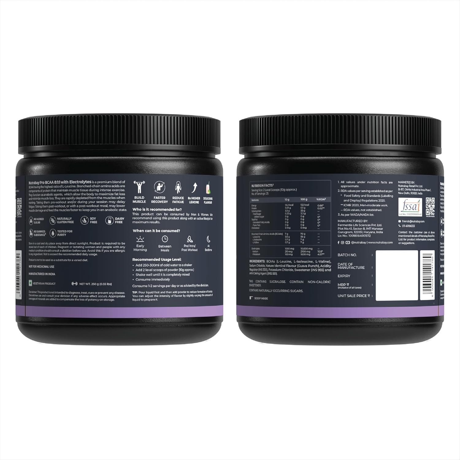 Nutrabay PRO BCAA 8:1:1 with Electrolytes 7000 mg Vegan BCAAs, 1000mg Electrolytes per Serving â€“ Intra/Post Workout Energy Drink â€“ Gluten & Dairy Free - 250g, Guava Punch