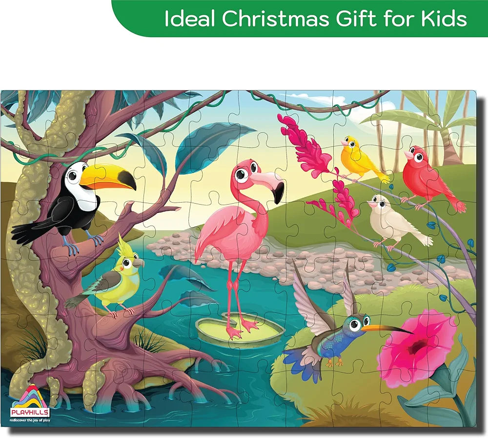 Playhills Wooden Jungle Birds Puzzle for Kids 60 Laser-Cut Pieces, Eco-Friendly, Ages 3+ Colourful Parrot, Peacock Safari Puzzle Toy Gift for Boys & Girls