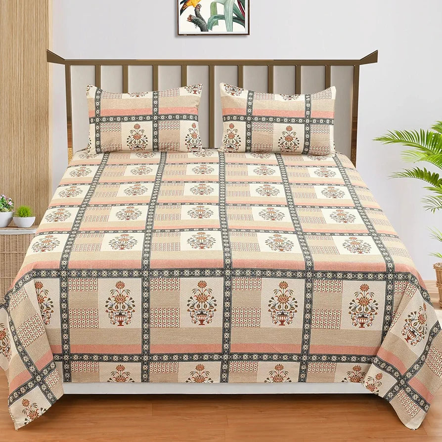 HomeKart Ultra Super Soft Pure Cotton Double Bedsheet with Two Pillow Covers for Your Bedroom Floral & Block Printed Premium Bedsheet Orange & Beige
