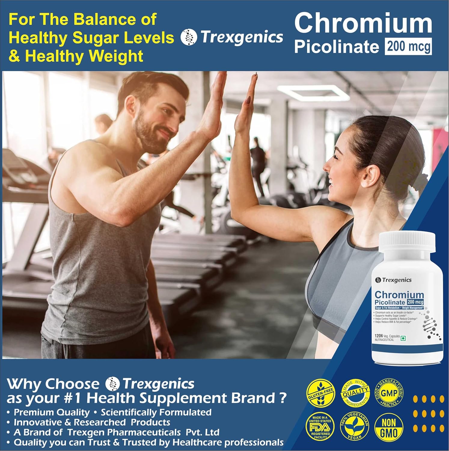 Trexgenics CHROMIUM PICOLINATE 200 mcg, elemental Chromium 48 mcg, powerful antioxidant (120 Veg Capsules))