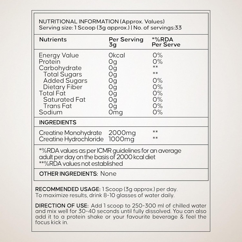 Wellbeing Nutrition 100% Pure Micronised Creatine Powder Monohydrate + HCL| Unflavoured |100g, 33 servings | Tested for Purity | For Muscle Strength & Recovery, Muscle Growth| For Men & Women