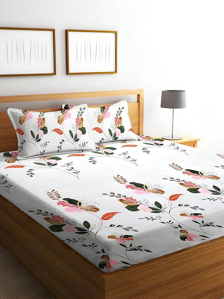 Starnstyle Polycotton 220 TC Floral Printed King Size Double Bedsheet with 2 Pillow Covers Multid
