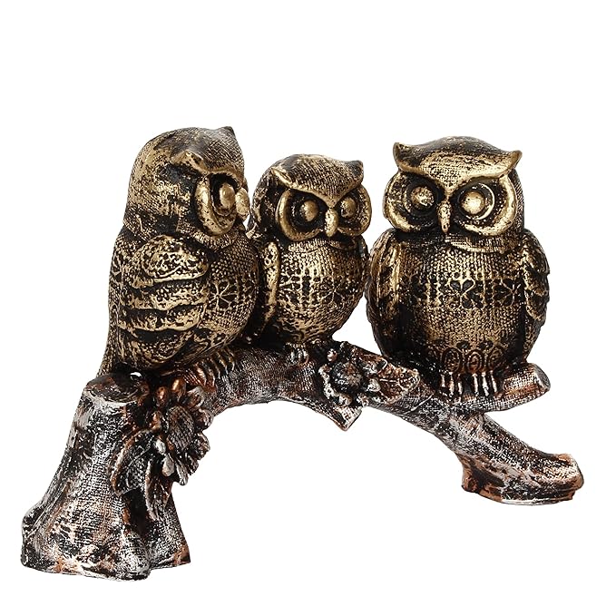 Ecraftindia 3 Owl Sitting on Branch Antique Finish Handcrafted Polyresin Decorative Showpiece