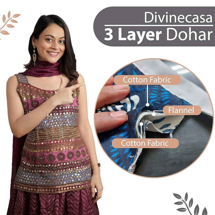 Divine Casa 100% Cotton Reversible Double Bed Dohar Soft & Lightweight AC Blanket Colour Floristry Slate & Coral