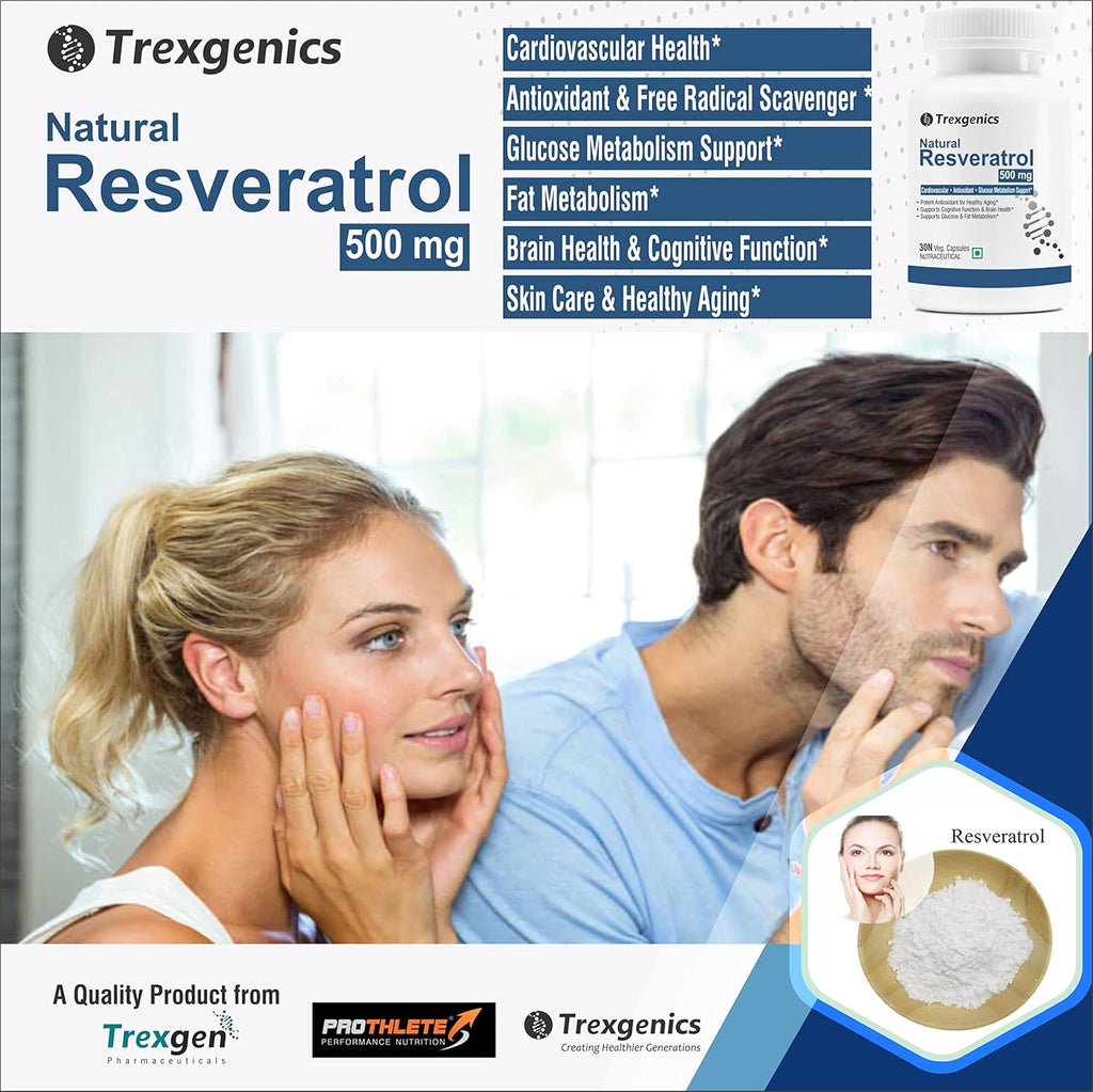 Trexgenics Natural RESVERATROL 500 mg Cardiovascular Health, Antioxidant & Glucose Metabolism VEGAN & NON-GMO (30 Veg. Capsules) (Pack of 1)