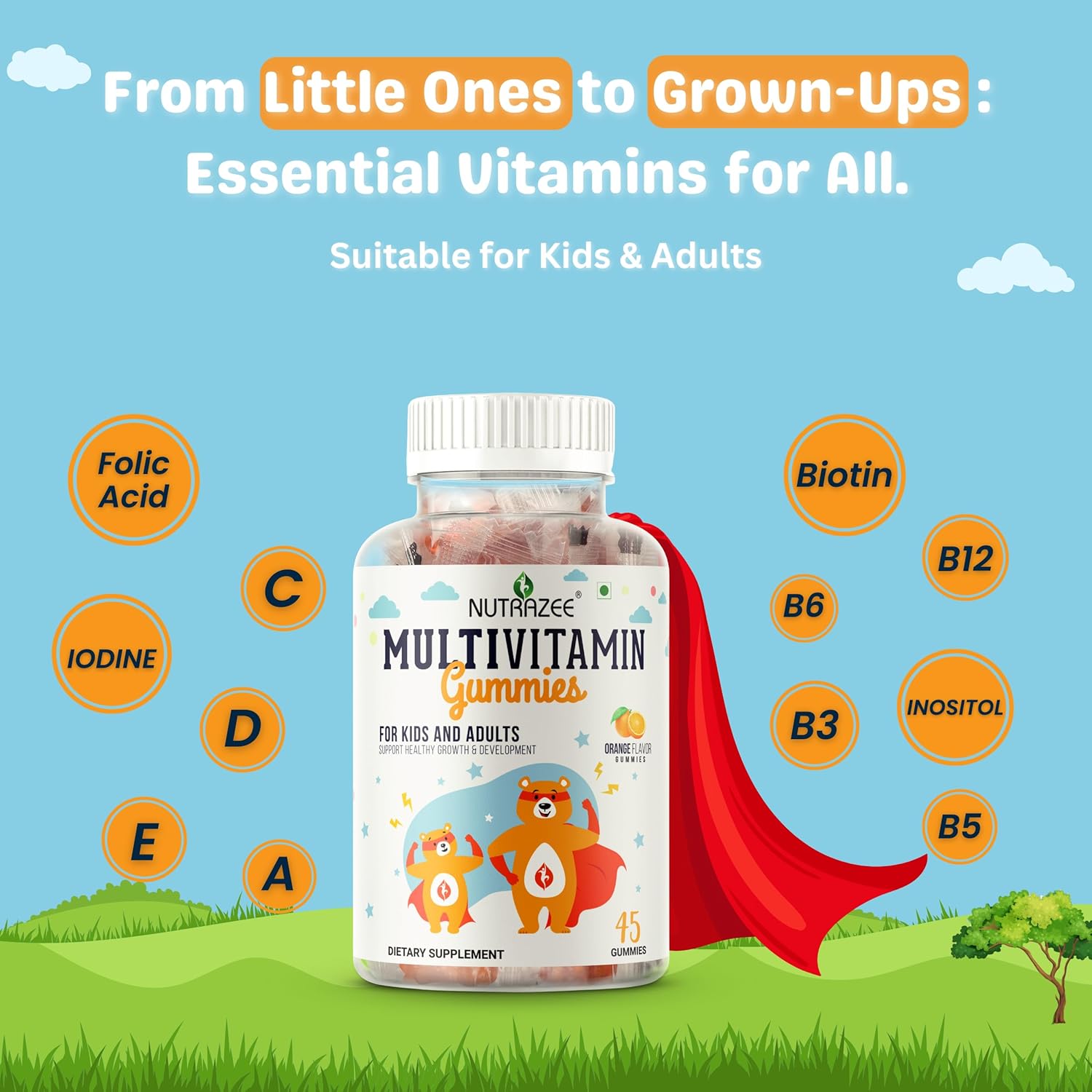 Nutrazee Multivitamin Gummies for Kids 2-6 & 7+ Years, Men & Women | Essential Vitamins With Biotin For Growth & Development| 45 Gummy Bears