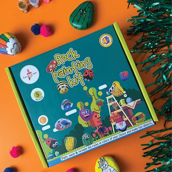 Kalakaram Diy Rock Painting Kit | Comes With 5 Re-usable Rocks | Diy Painting Set With Washable Paint and Stones | Activity Kit for Kids