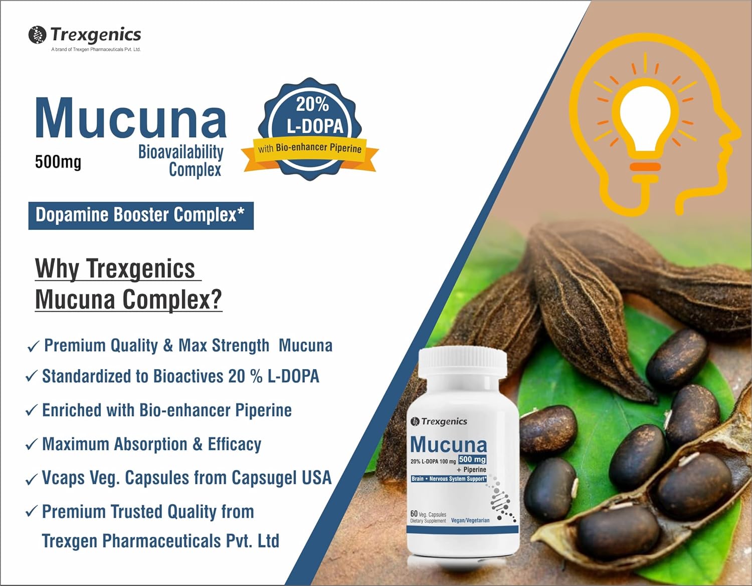 Trexgenics MUCUNA (20% L-Dopa) Pruriens (Kapikachhu) 500mg with Bio-enhancer Piperine 5mg Dopamine Booster Complex, Brain function, Nervous System (60 Vcaps) (1)
