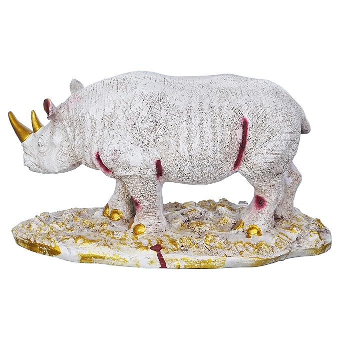 Ecraftindia White Polyresin Rhinoceros Statue With Golden Horns Animal Figurine
