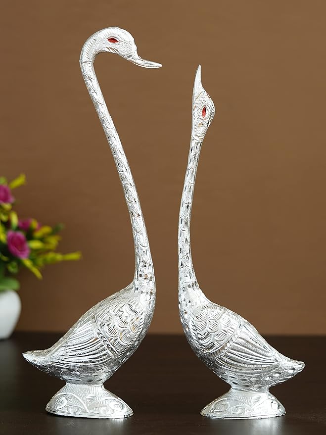 Ecraftindia Silver Metal Handcrafted Swan Couple Statues Love Birds Figurines Decorative Showpieces