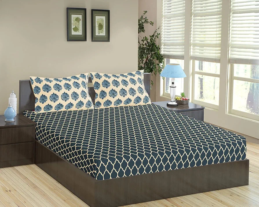 Trance Home Linen 200TC 100% Cotton 78"x72" Standard King Size Elastic Fitted Bedsheet Printed King Bed Size with 2 Pillow Covers Colour Dori & Damask Blue