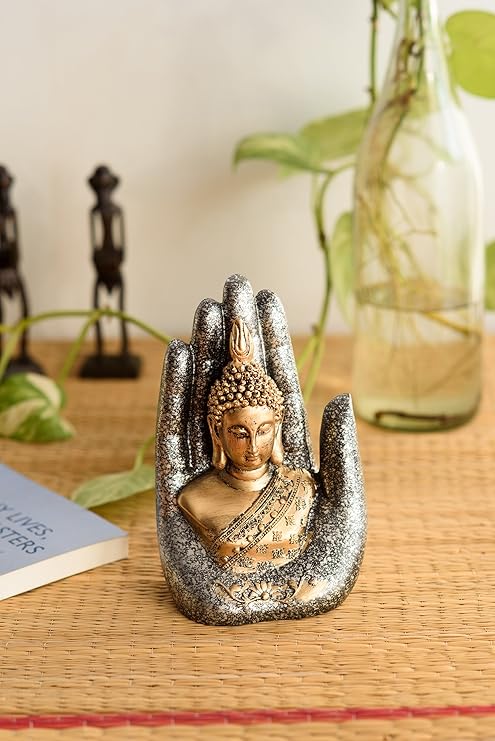 Ecraftindia Golden, Silver & Black Resin Handcrafted Palm Buddha Statue