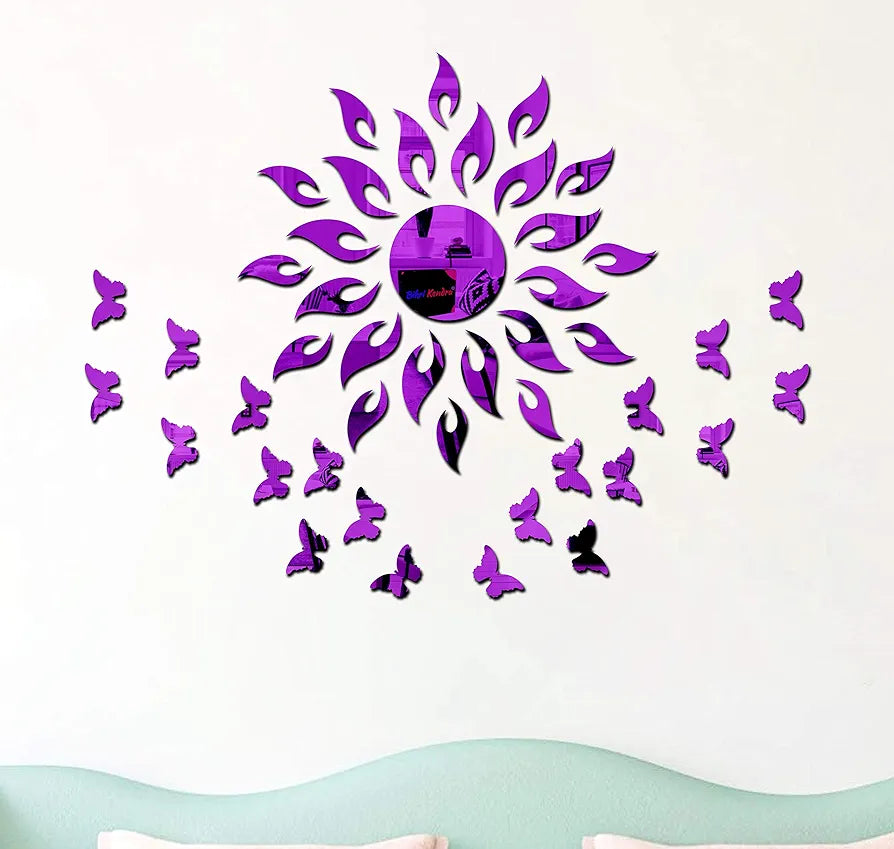 Bikri Kendra Art BK153 Sun Purple with 20 Purple Butterfly 3D Acrylic Mirror Stickers for Wall