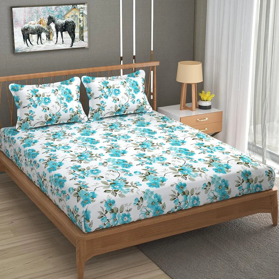 Homefab India 180 TC Microfiber Double BedSheet with 2 Pillow Covers Aqua White Floral