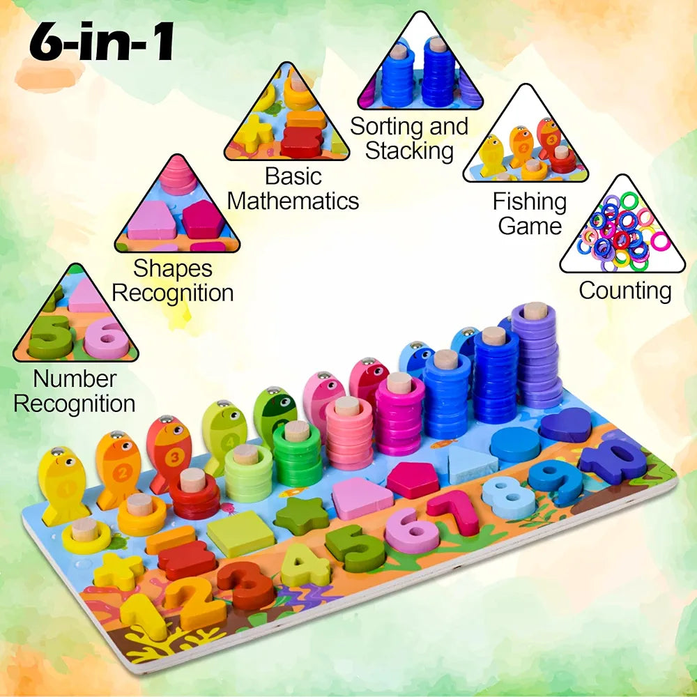 Wishkey Wooden 6 in 1 Multifunctional Learning Board Puzzle, Numbers, Shapes, Fishing Game, Stacking, Montessori Game Educational Toys