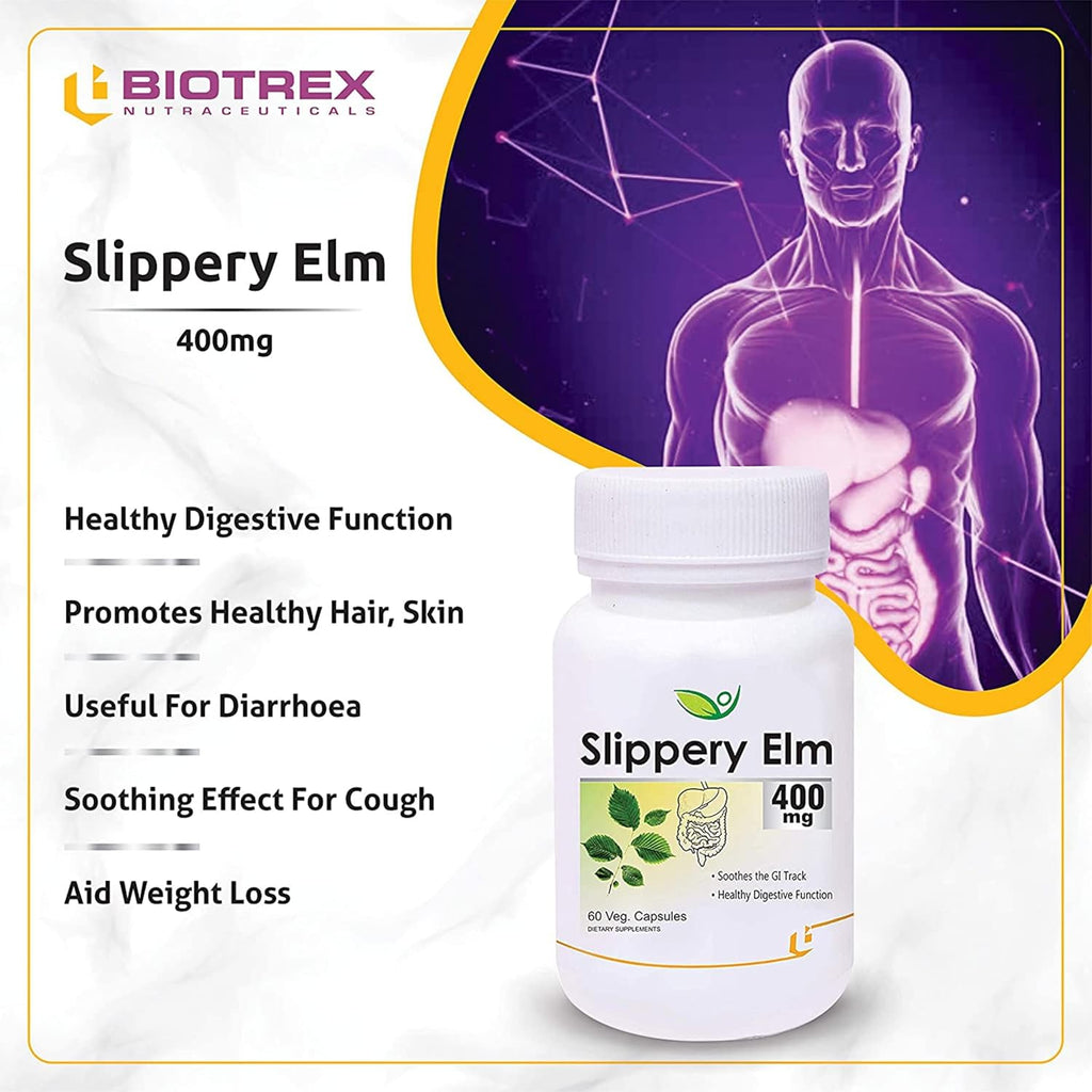 Biotrex Nutraceuticals Slippery Elm 400mg 60 Veg Capsules, Dietary supplement to strengthen Immune System, nutritional supplement, multivitamins, vitamin for men, women and adults, health supplements