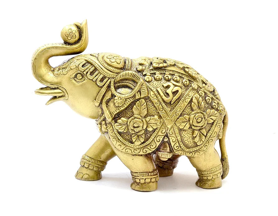 Two Moustaches Om and Swastika Carving Brass 7 Inches Elephant Showpiece