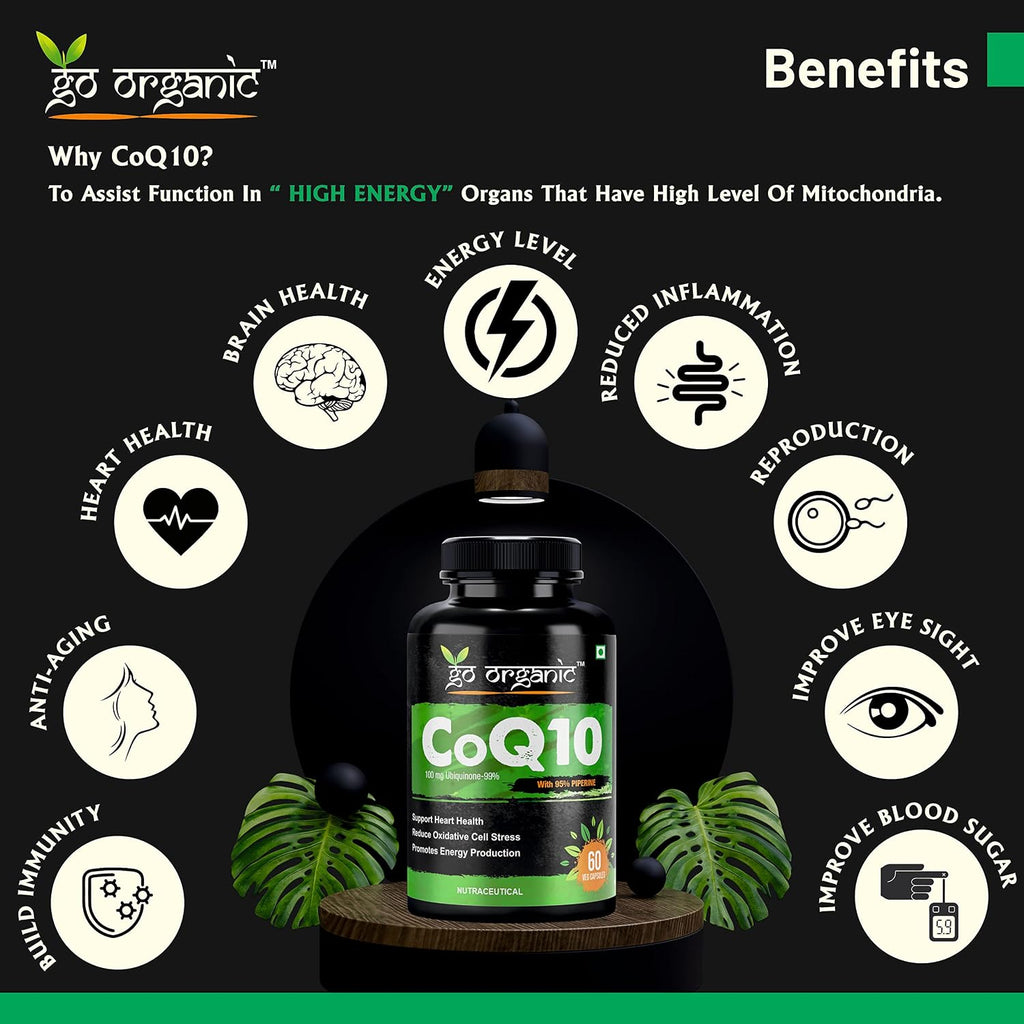 Go Organic Coenzyme Q10 100mg supplement with high absorption to improve BioPerine | 60 Capsule | Supplement for healthy heart and immunity 60 Count