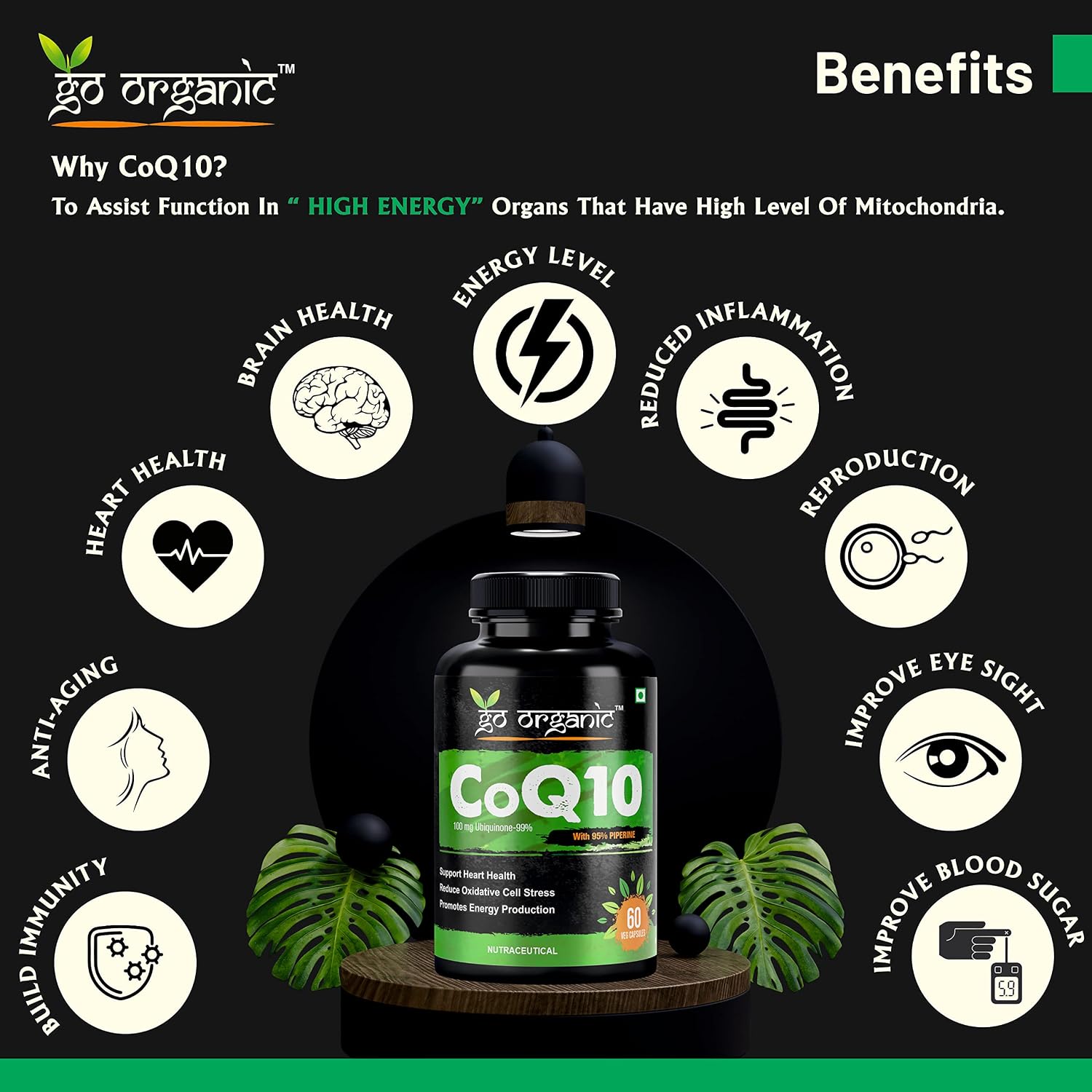 Go Organic Coenzyme Q10 100mg supplement with high absorption to improve BioPerine | 60 Capsule | Supplement for healthy heart and immunity 60 Count