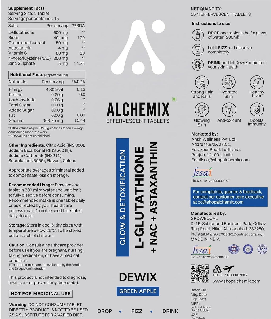 Alchemix Dewix L-Glutathione 600mg Effervescent Tablets with NAC 300mg, Astaxanthin, Vitamin C, Blueberry Flavor, Glow & Detoxification, Sugar-Free, 16 Tablets (1, Green Apple)