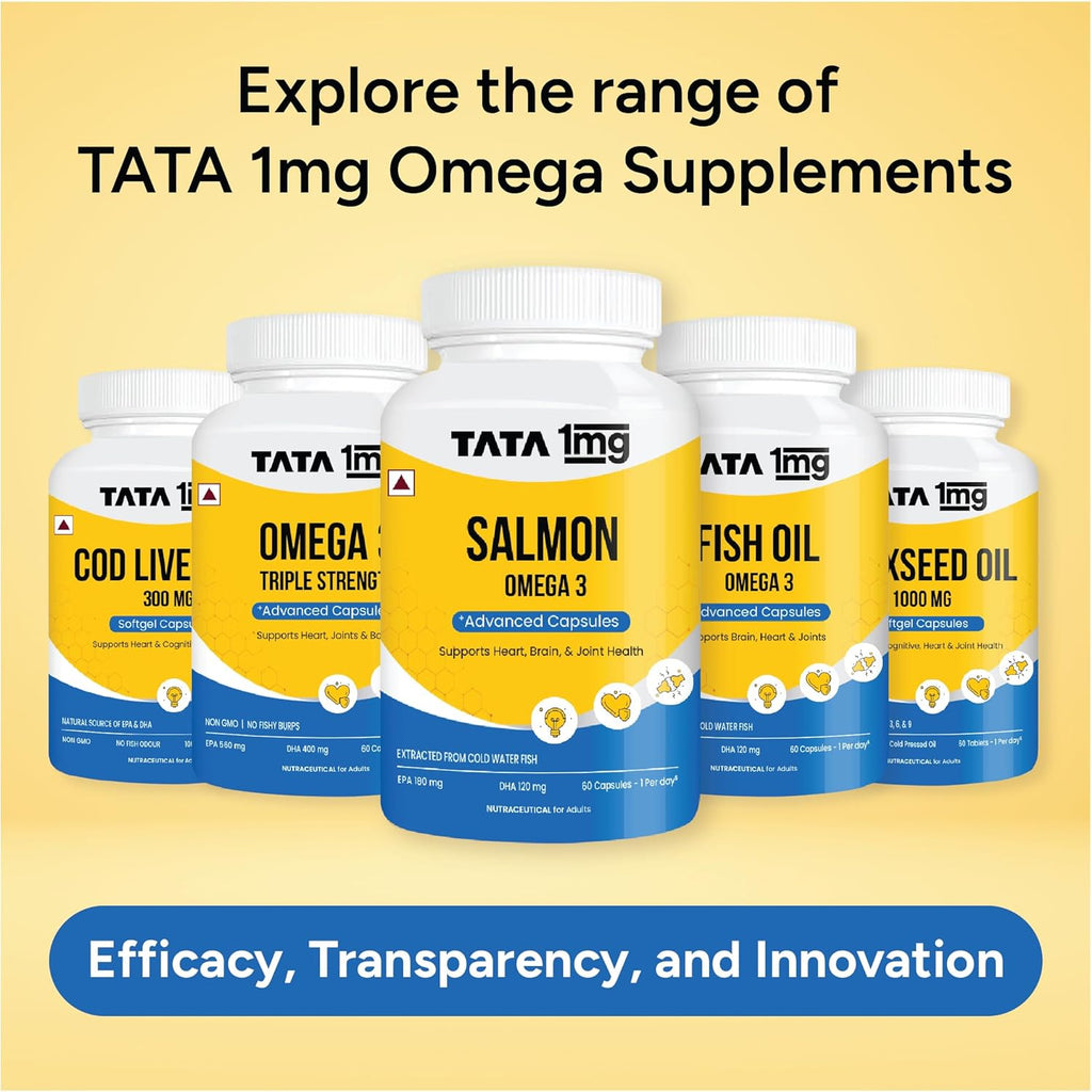 Tata 1mg Salmon Omega 3 Fish Oil Supplements 1000mg Capsules | Triglyceride form | 180mg EPA & 120mg DHA | High Absorption for Heart,Brain & Joints | Helps Manage Cholesterol
