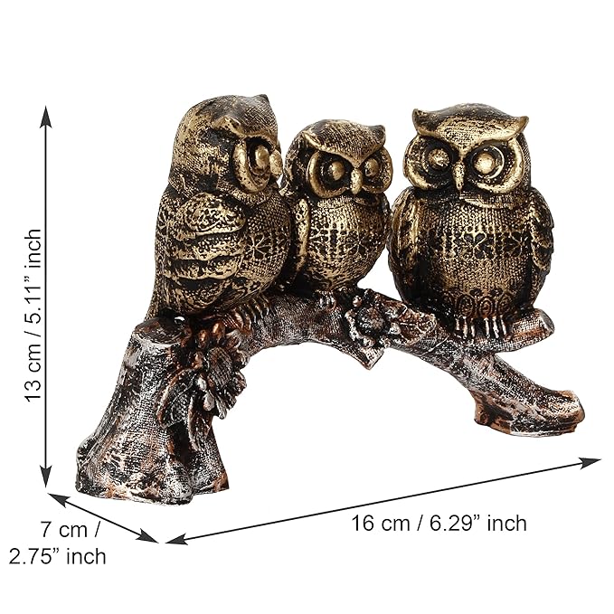 Ecraftindia 3 Owl Sitting on Branch Antique Finish Handcrafted Polyresin Decorative Showpiece