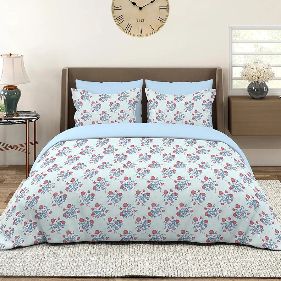 Layers Marigold Cotton Bedsheet Set for All Seasons Lightweight 144 TC King Size Blue Printed