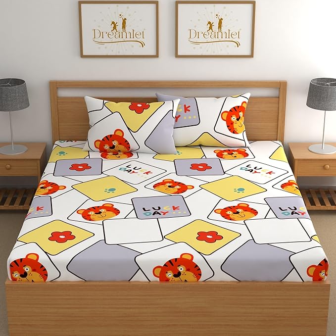 Dreamlet 180tc Cotton Feel All Around Elastic Fitted Bedsheets King Size for Double Bed With 2 Pillow Covers | White & Yellow