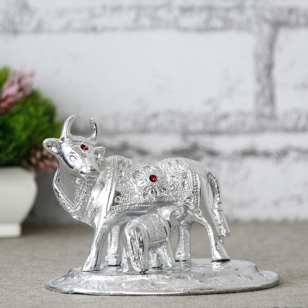 Ecraftindia Premium White Metal Decorative Kamdhenu Cow With Calf Figurine