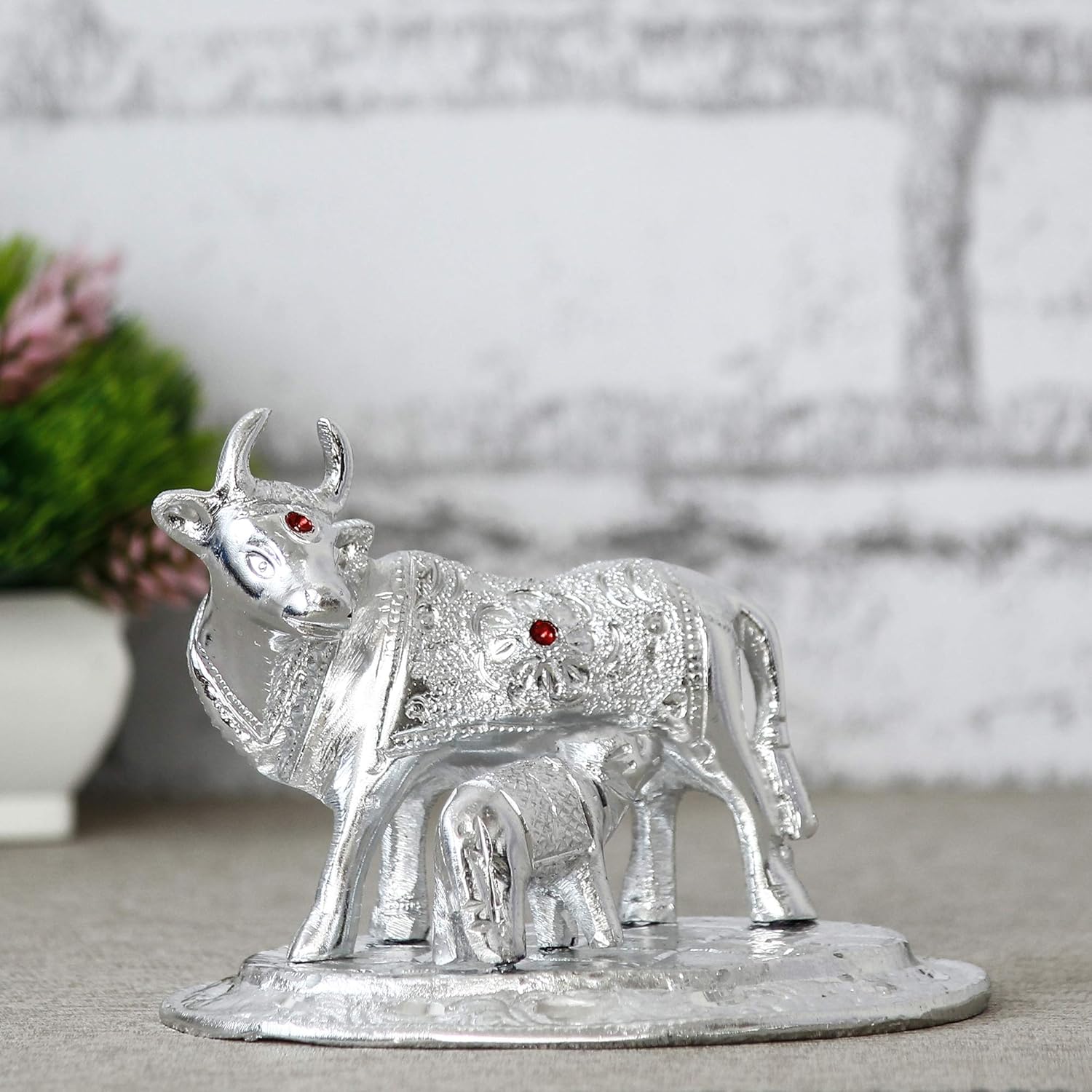 Ecraftindia Premium White Metal Decorative Kamdhenu Cow With Calf Figurine