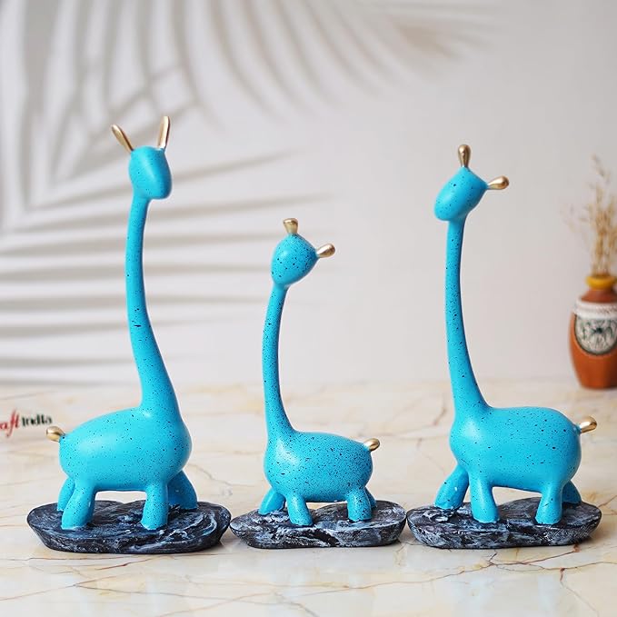 Ecraftindia Set of 3 Blue Polyresin Cute Giraffe Statues Animal Figurines
