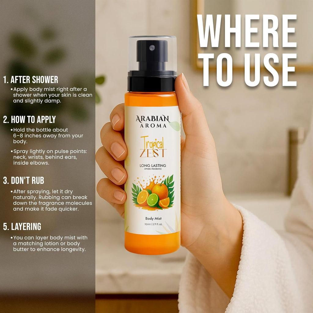 Arabian Aroma Tropical Zest Body Mist for Women | Exotic Fruity Citrus Fragrance | Energizing Long-Lasting Mist | 110ml