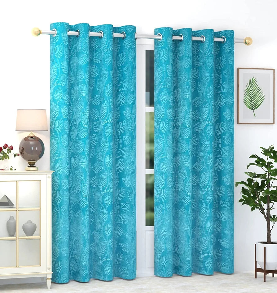 Purav Light Leaf Velvet Room Darkening Door Curtains 8 feet Long 2 Piece
