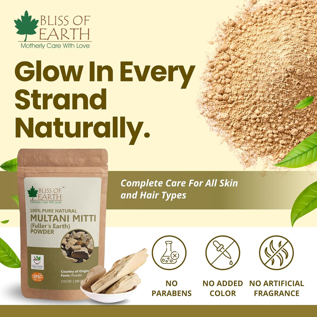 Bliss of Earth Multani Mitti Powder for Face | Natural Multani Mitti for Hair & Skin | Exfoliates, Soothes, Nourishes, Smoothens Skin & Supports Scalp Health | 100 gm