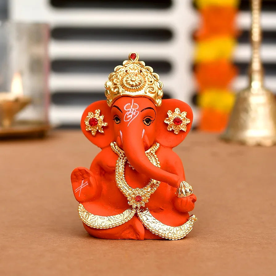 CraftVatika Ganesh Idol Murti Statue for Car Dashboard Ceramic Terracotta Gold Plated Orange
