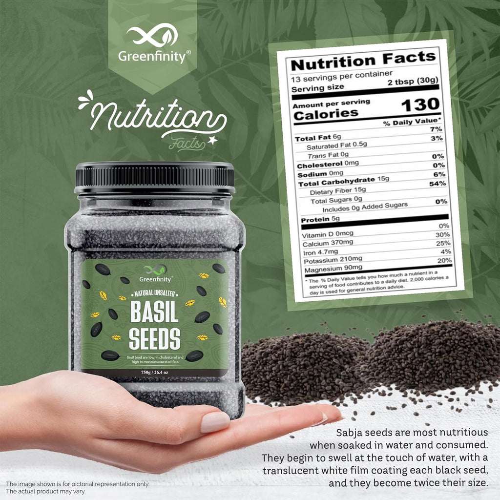 GreenFinity Basil Seeds 750g | Raw Sabja Seeds for Eating | Healthy Snacks | Jar Pack