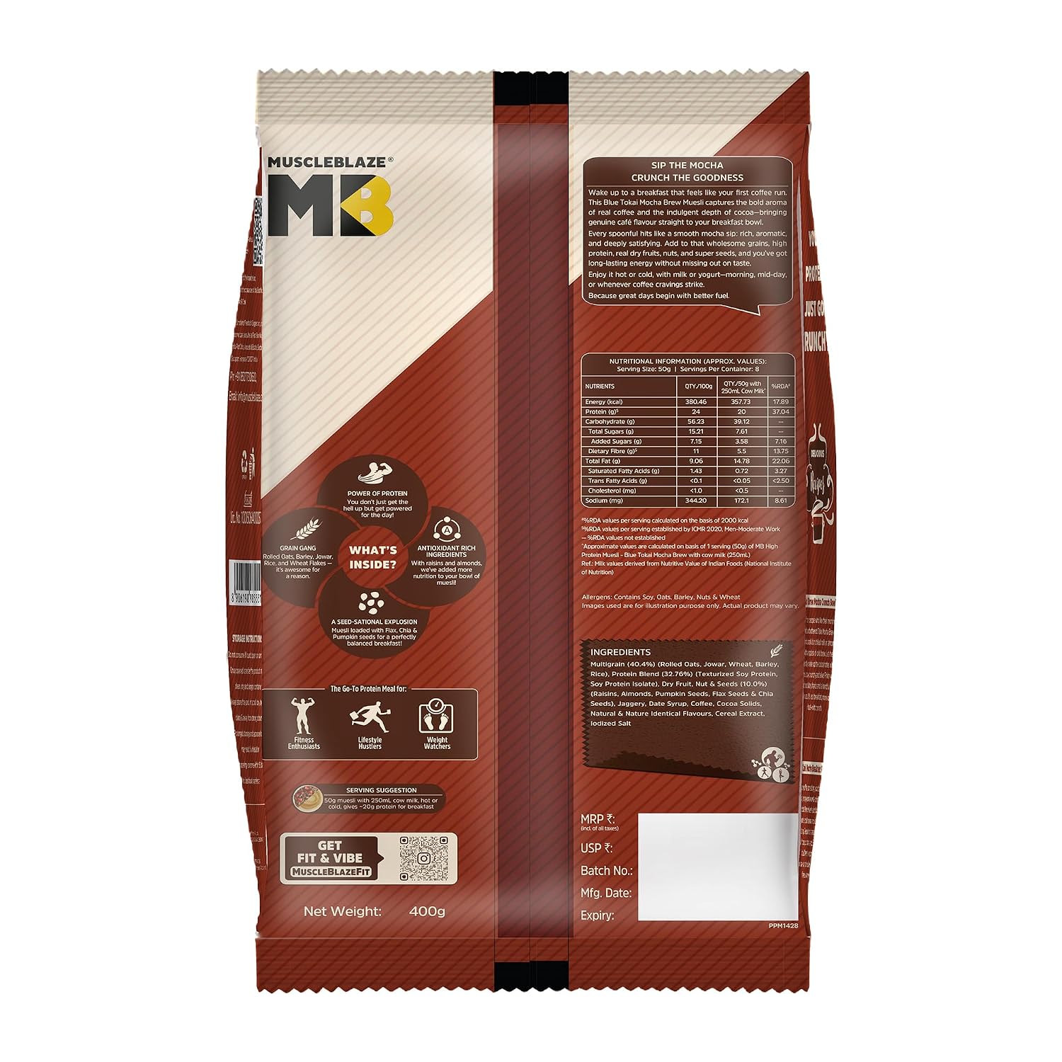 MuscleBlaze High Protein Muesli, Blue Tokai Mocha Brew| 24g Protein | With Raisins, Almonds & Super Seeds, High Protein Breakfast Cereals