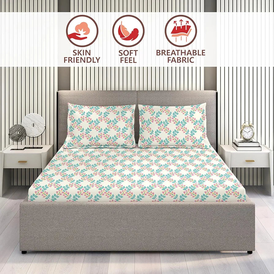 Layers Marigold Cotton Bedsheet Set for All Seasons Lightweight 144 TC King Size Beige Floral