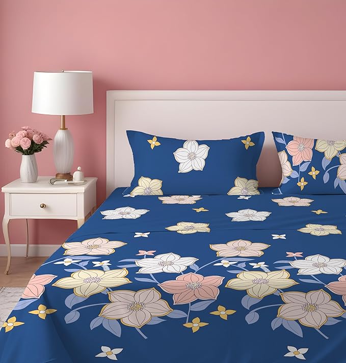 Dreamlet Presents Luxurious Supersoft Cotton Feel 210tc King Size Elastic Fitted Double Bedsheets With 2 Pillow Covers Color | Blue