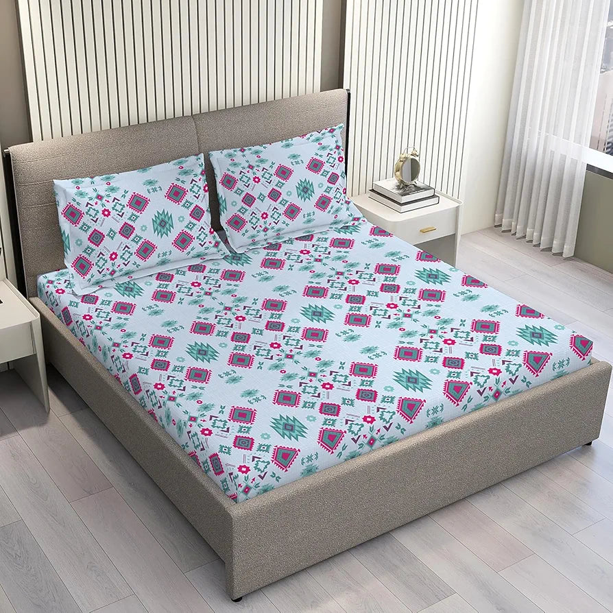 Layers Basicx Cotton Bedsheet Set for All Seasons Lightweight 120 TC Queen Size Blue Geometric