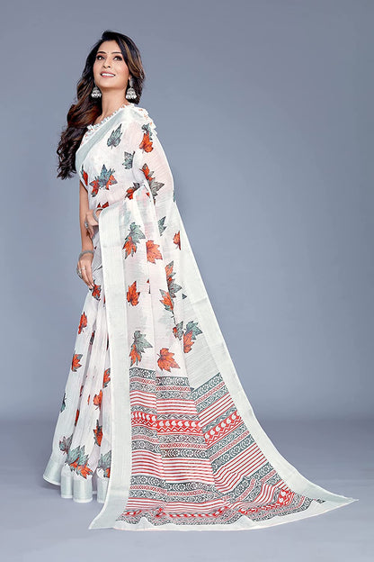 Mirchi Fashion Women's White Cotton Blend Blossom Leafs Printed Saree