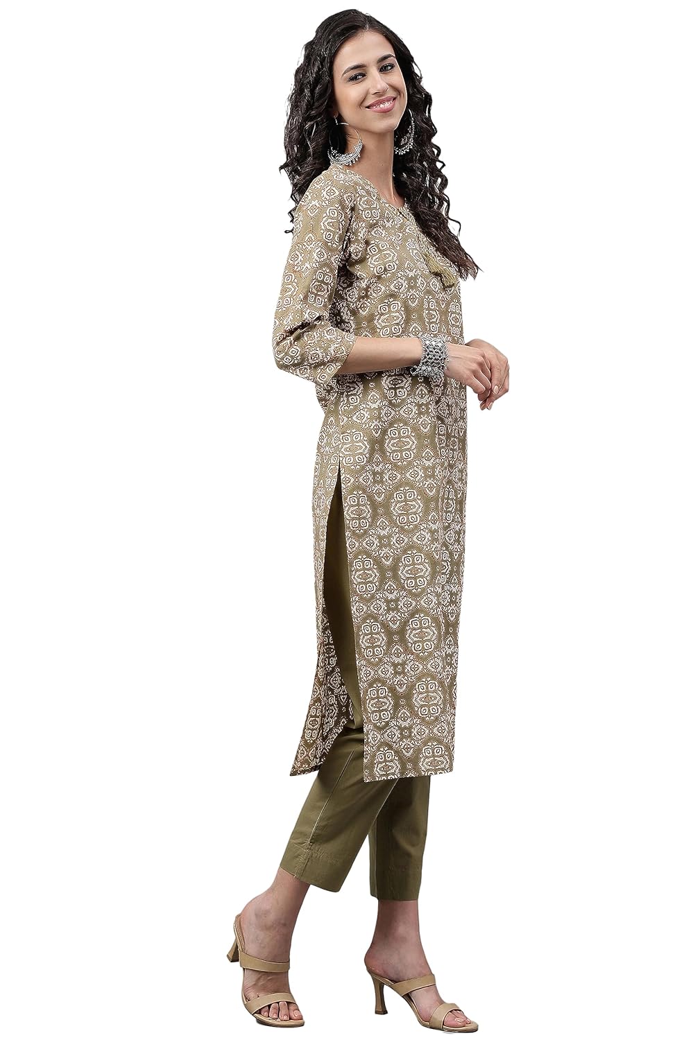 Janasya Women's Olive Green Cotton Ethnic Motifs Kurta with Pant and Dupatta