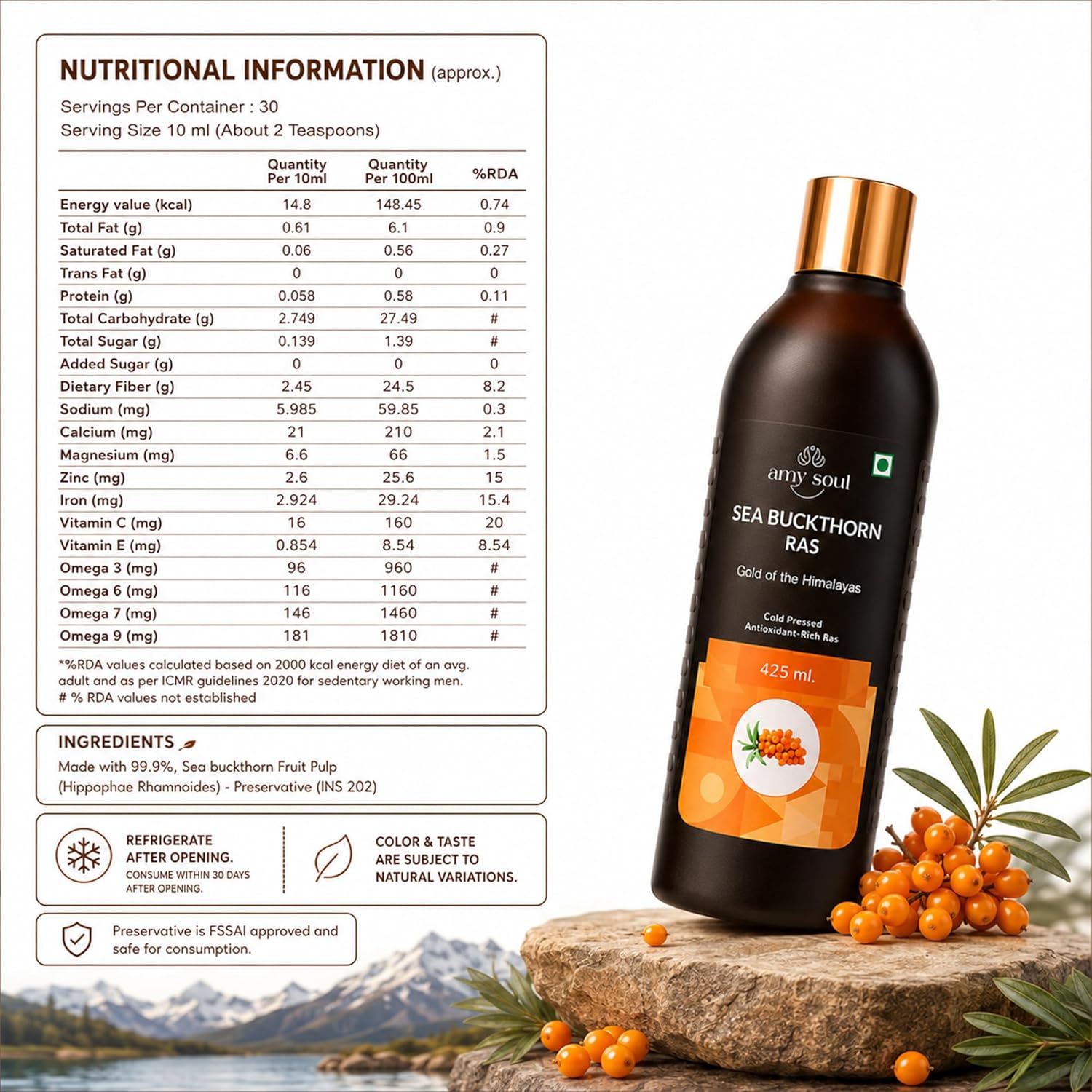 Sea Buckthorn Juice 425ml | Natural Wellness Drink with Vitamin C, Omega 3 6 7 9 & Antioxidants | Sea Buckthorn Ras for Immunity Support, Skin & Hair Wellness, Energy & Digestion | Dark Glass Bottle | No Added Preservatives