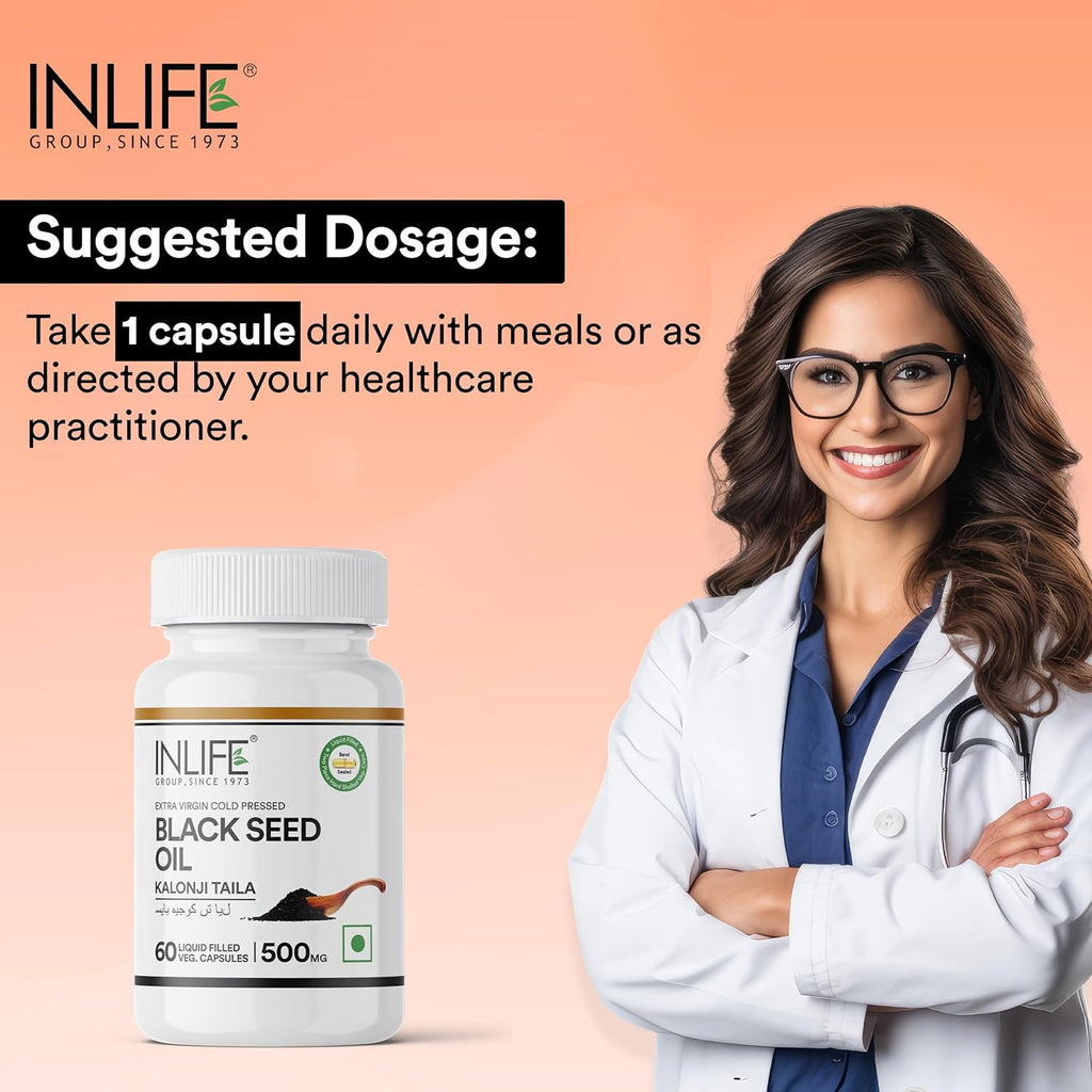 INLIFE Black Seed Oil, Extra Virgin Cold Pressed, 500 mg - 60 Vegetarian Capsule (Pack of 1)