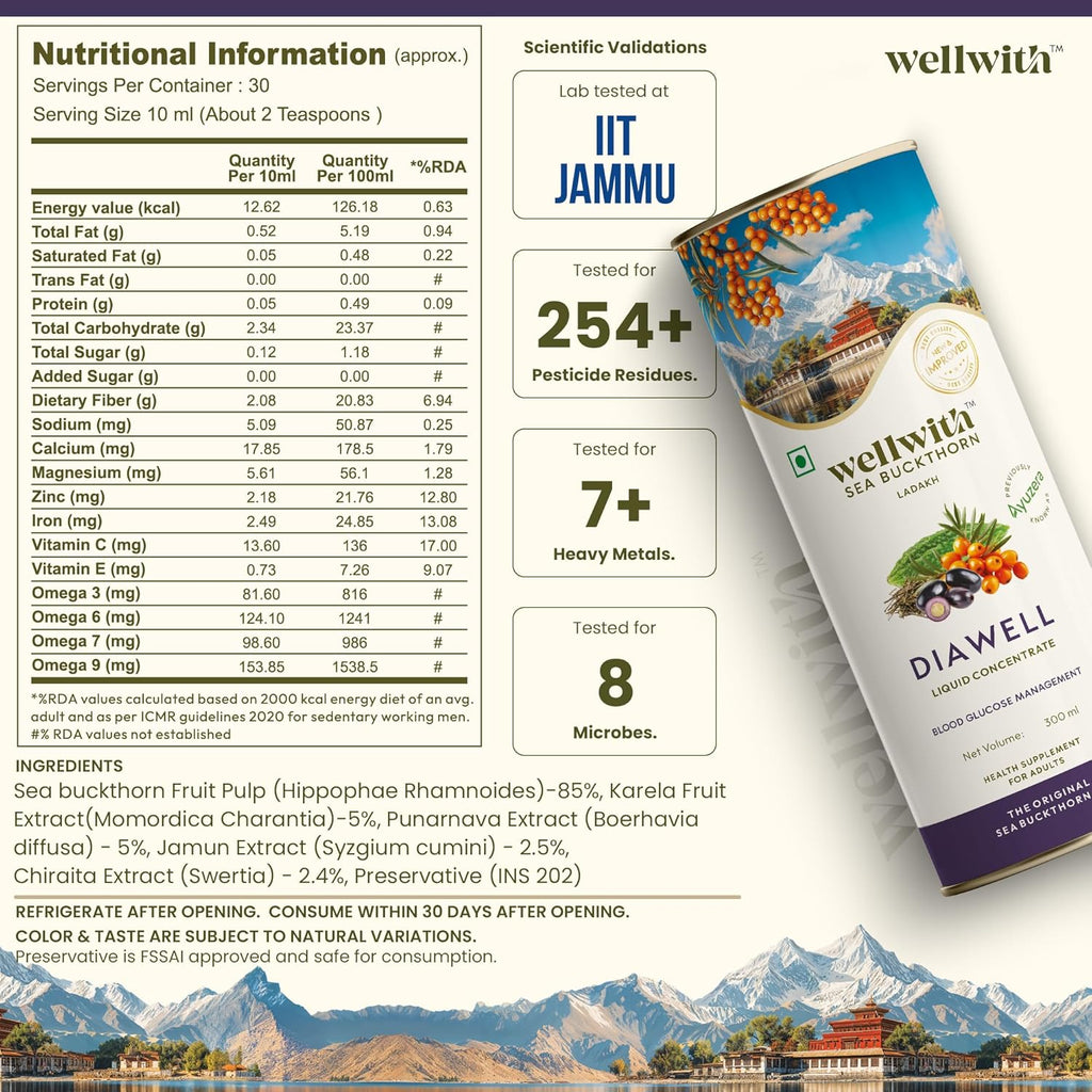 Wellwith (Ayuzera) Diawell (Diabowin) Karela & Jamun Diabetic Care Juice with Seabuckthorn 300ml | Chirata and Punarnava | Ayurvedic | Makes Upto 50 Glass Juice (300ml, Pack of 1)