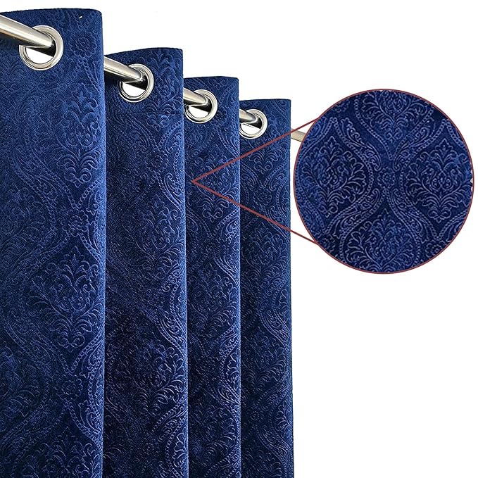 Loomlyfe Damas Heavy Soft Thick Premium Designer Room Darkening Blackout Window Curtain | 2 Pieces | 5 Feet | Navy Blue