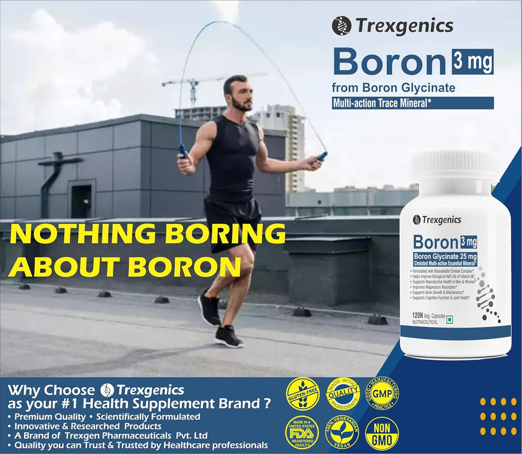 Trexgenics Boron 3 mg from Boron Glycinate 25 mg Multi-action Mineral, Bone, Cognitive Function & Joint Health (120 Veg Capsules)