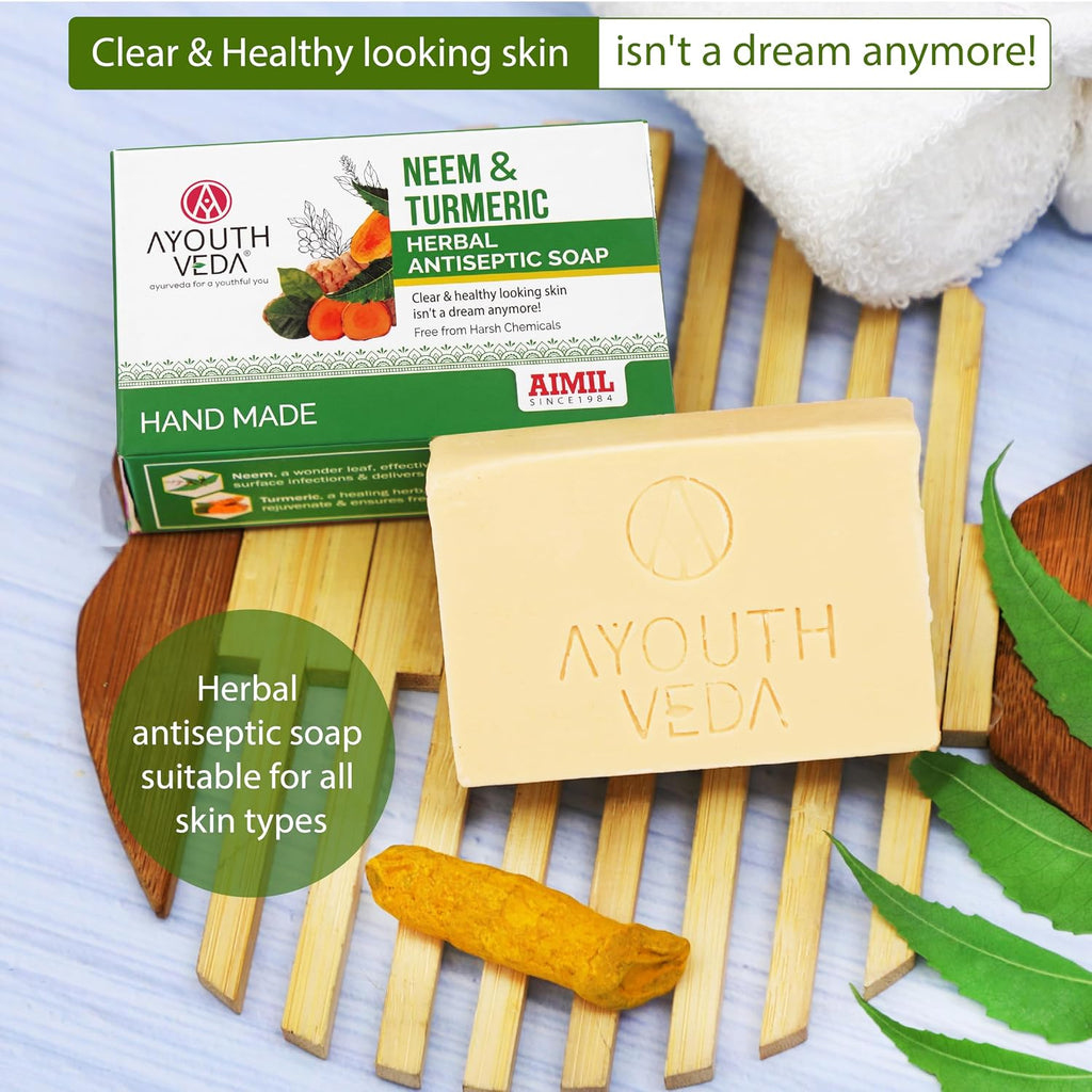Ayouthveda Neem and Turmeric Herbal Soap | Antiseptic Bathing Soap with Natural Fragrance | Prevents Skin Disease With Neem & Turmeric | For Glowing & Acne Free Skin (Pack of 1-100gm)