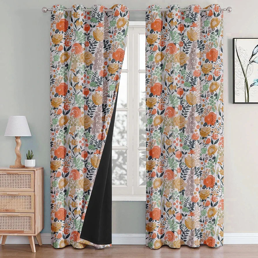 Cloth Fusion Blackout Printed Premium Door Curtains 9 Feet Long Set of 2 White Roses