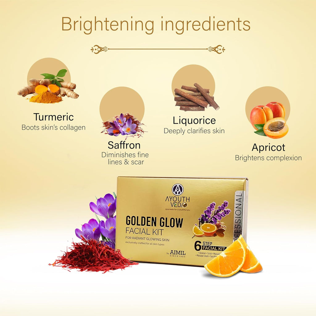 Ayouthveda Golden Glow Facial Kit | Bright & Glowing Skin 45g | Ayurvedic Facial with Turmeric, Saffron & Herbal Oils | Instant Brightening & Radiant Glow | For All Skin Types
